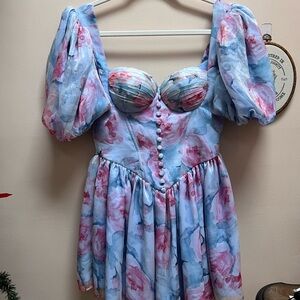 Adeirlina Pastel Floral Puff Sleeve Mini Dress - Blue & Pink size small